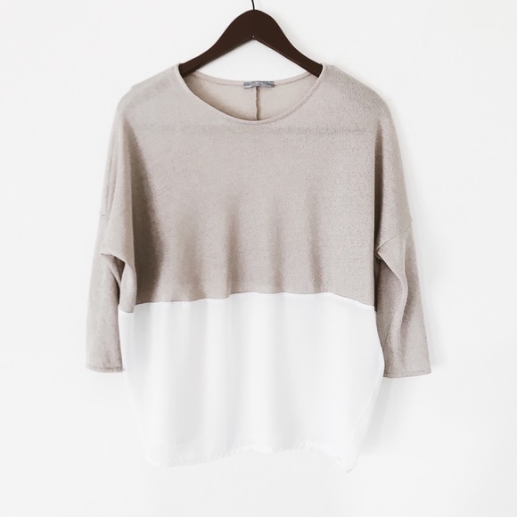 Zara Tops - zara shimmery tan and white chiffon hem blouse